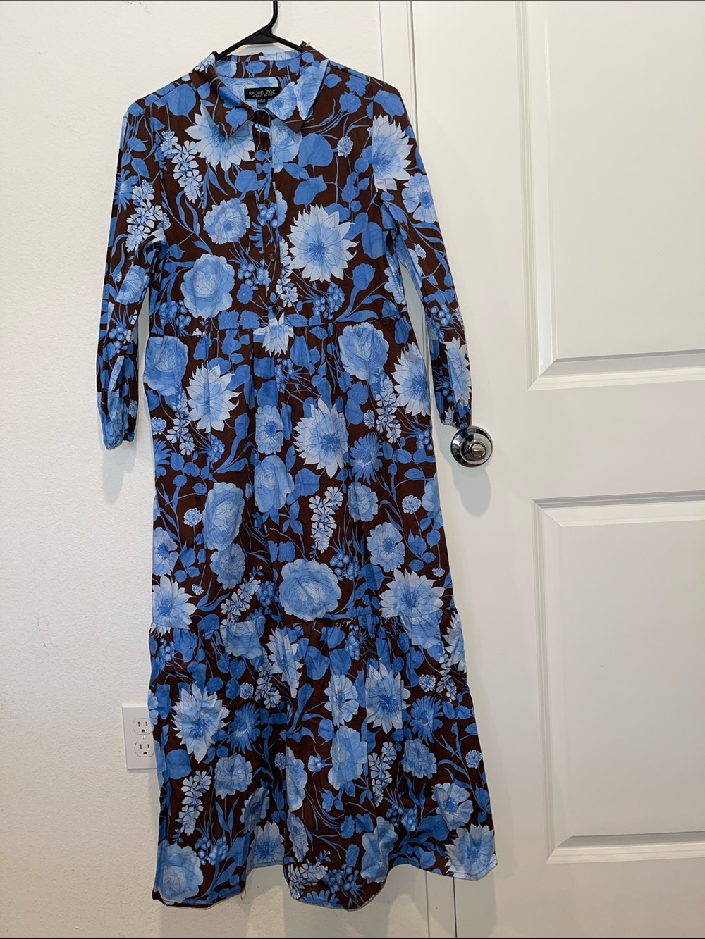 Maeve Brown Maxi Dress with Blue Floral Print